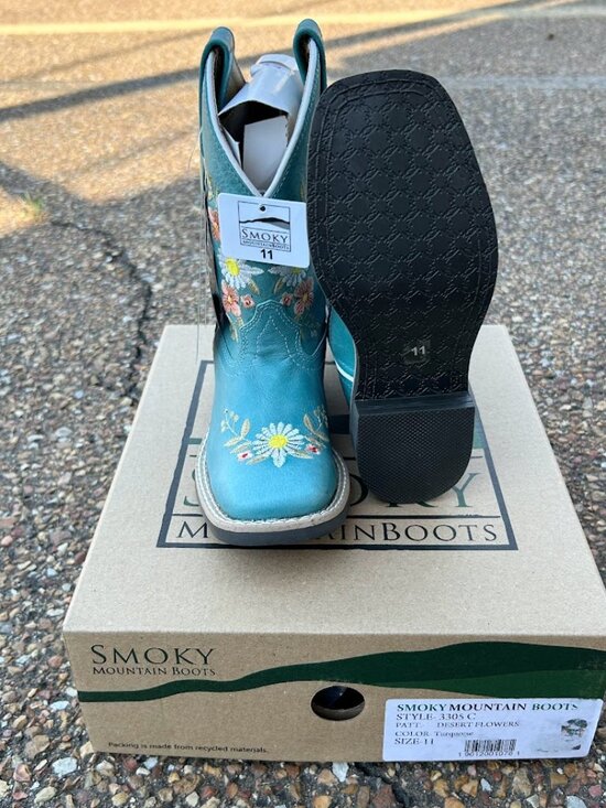 Children's Desert Flowers Design Turquoise Leather Square Toe Boots Size 11